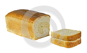 Isolate of white loaf of bread with two sliced Ã¢â¬â¹Ã¢â¬â¹pieces on a white background,